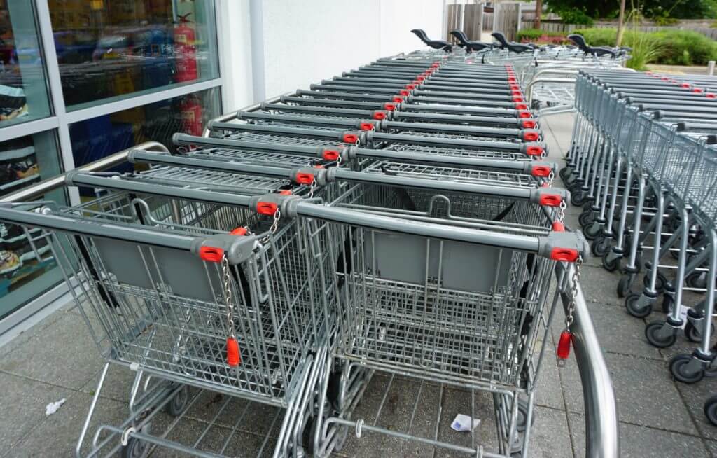 Linked shopping carts outside Aldi
