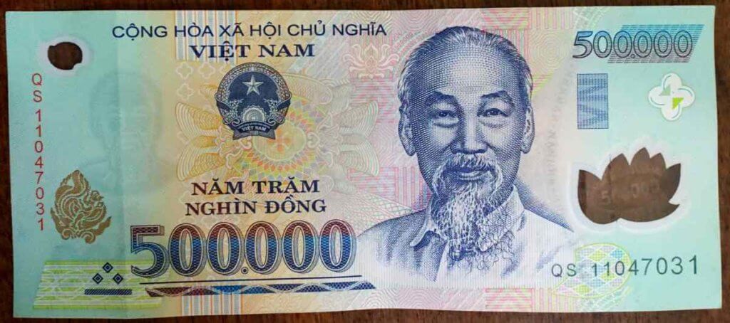 Half-million Dong banknote. Ho Chi Minh ("Uncle Ho") is pictured on every bill.