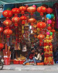 Holiday decorations for sale on 'Tet Street' in Hanoi