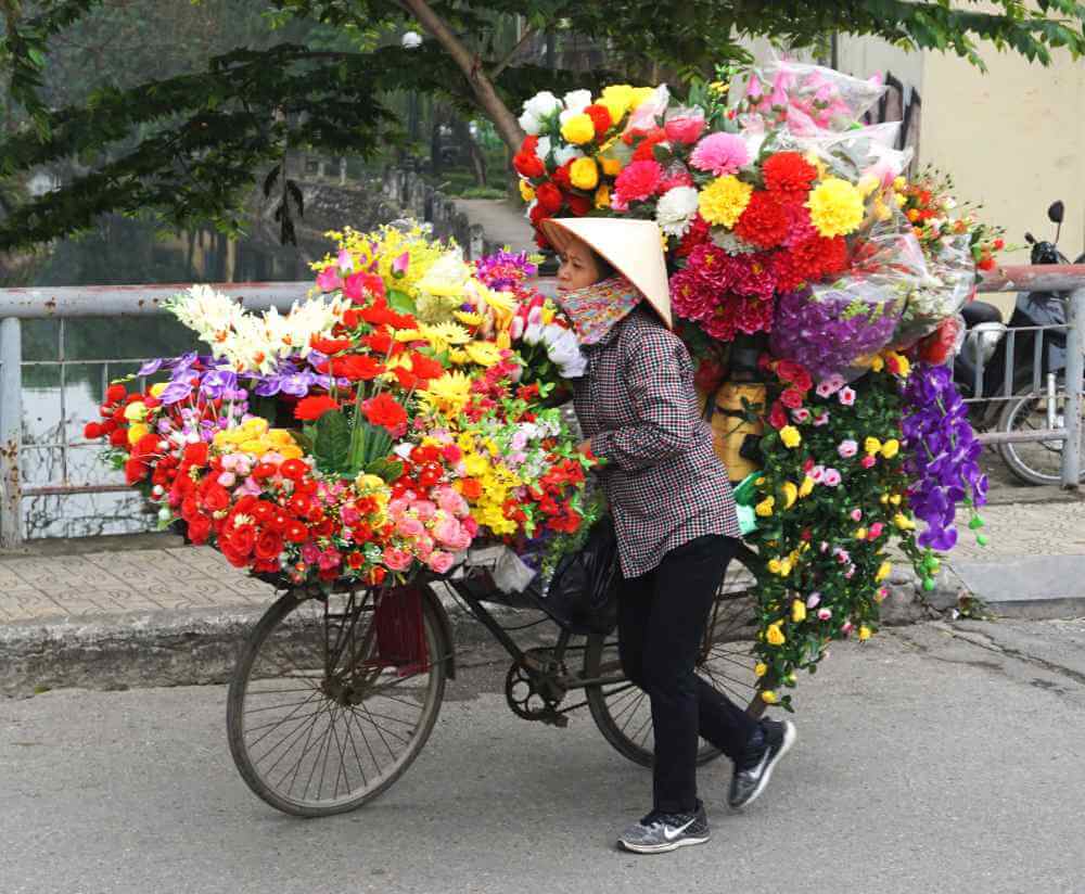 A woman in a traditional conical hat and Western dress sells flowers from her bicycle in Hanoi
