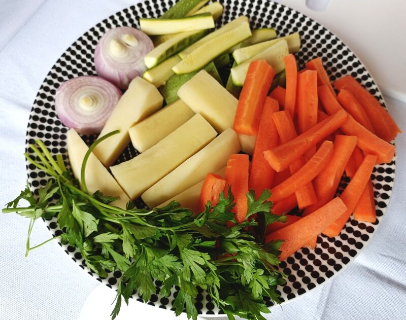 Fresh veggies, precut by the kitchen staff for our convenience