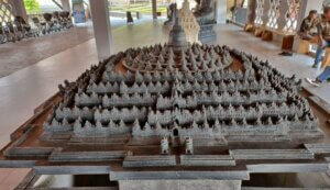 Scale model of the Borobudur temple complex near the entrance to the park