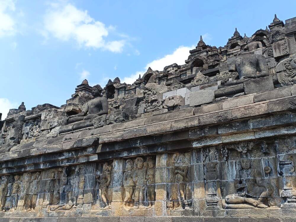 Carved stone reliefs at Borodur temple near Yogyakarta, Indonesia